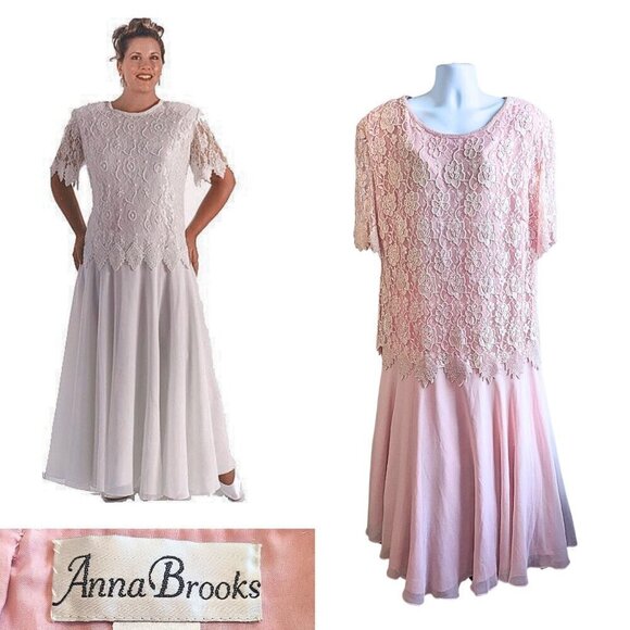 Exquisite Vtg Y2K ANNA BROOKS Pink Silk Beaded Crepe Chiffon Occasion Dress 4X - Picture 1 of 10